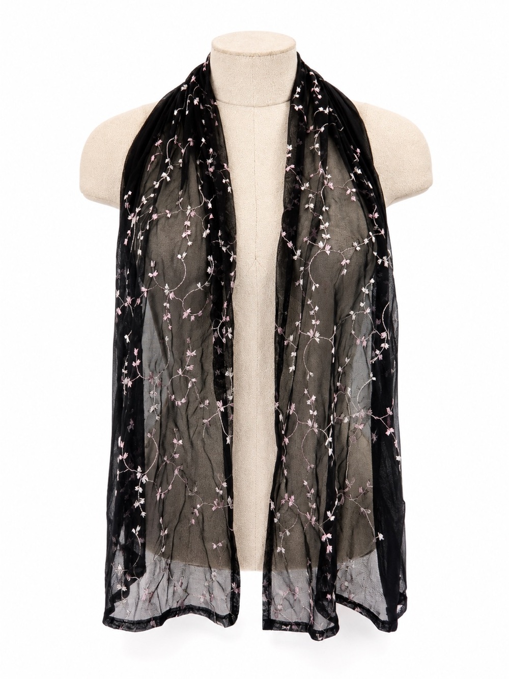 Unbranded Black Sheer Floral Embroidered Lightweight Scarf Pink Pattern